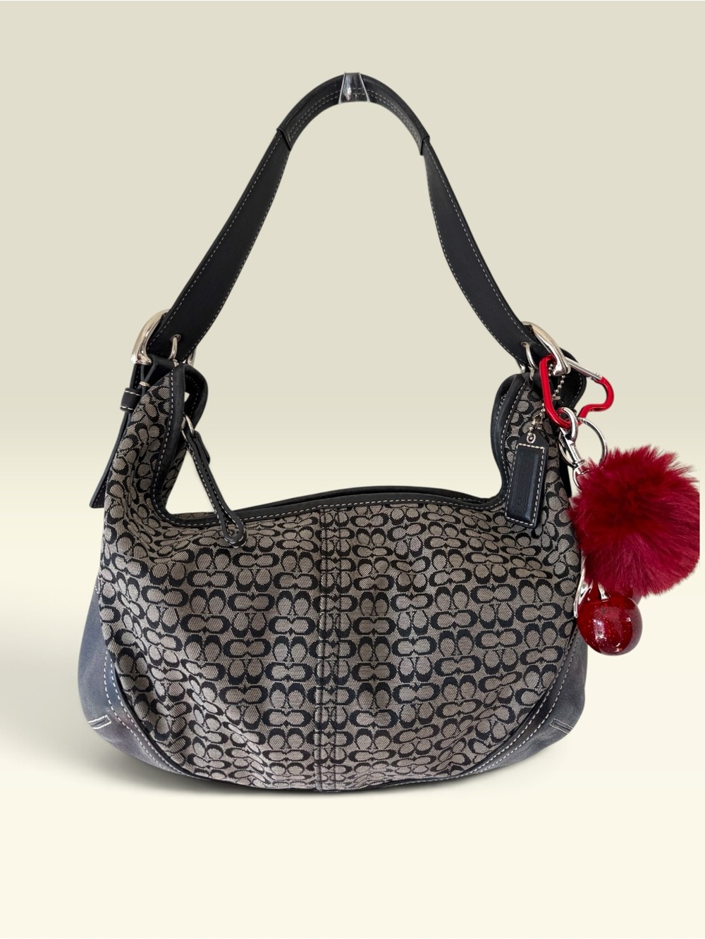 Coach Black and Gray Signature Jacquard Shoulder Bag with Red Pom